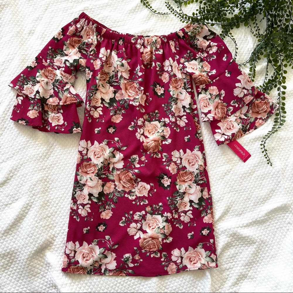 NWT Pink Rose Floral Ruffle Off Shoulder Dress